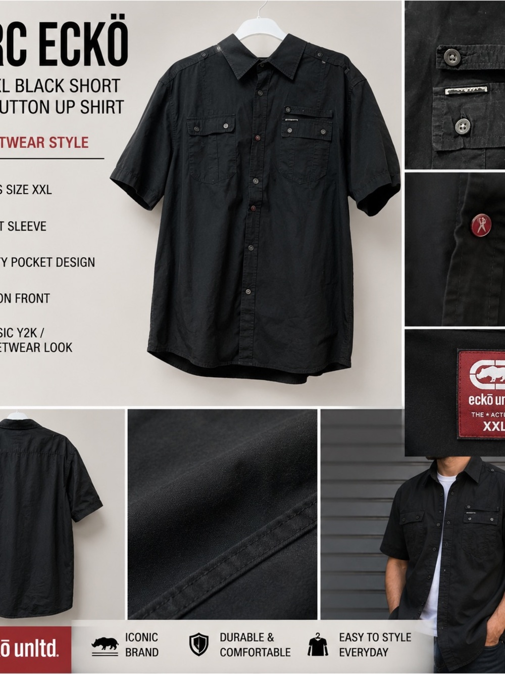 Marc Ecko Unltd Black Utility Button Up Shirt Men’s XXL Y2K
